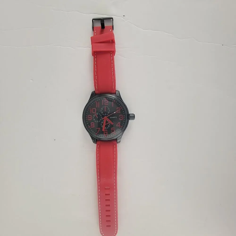 Accutime Mens Watch Black Dial Black Case Red Silicone Strap Quartz K4017